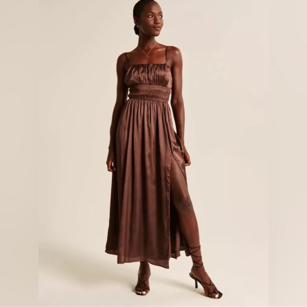 NWOT ABERCROMBIE & FITCH Satin MIDI/Maxi Dress Side Slit Silk like Satin (Brown)